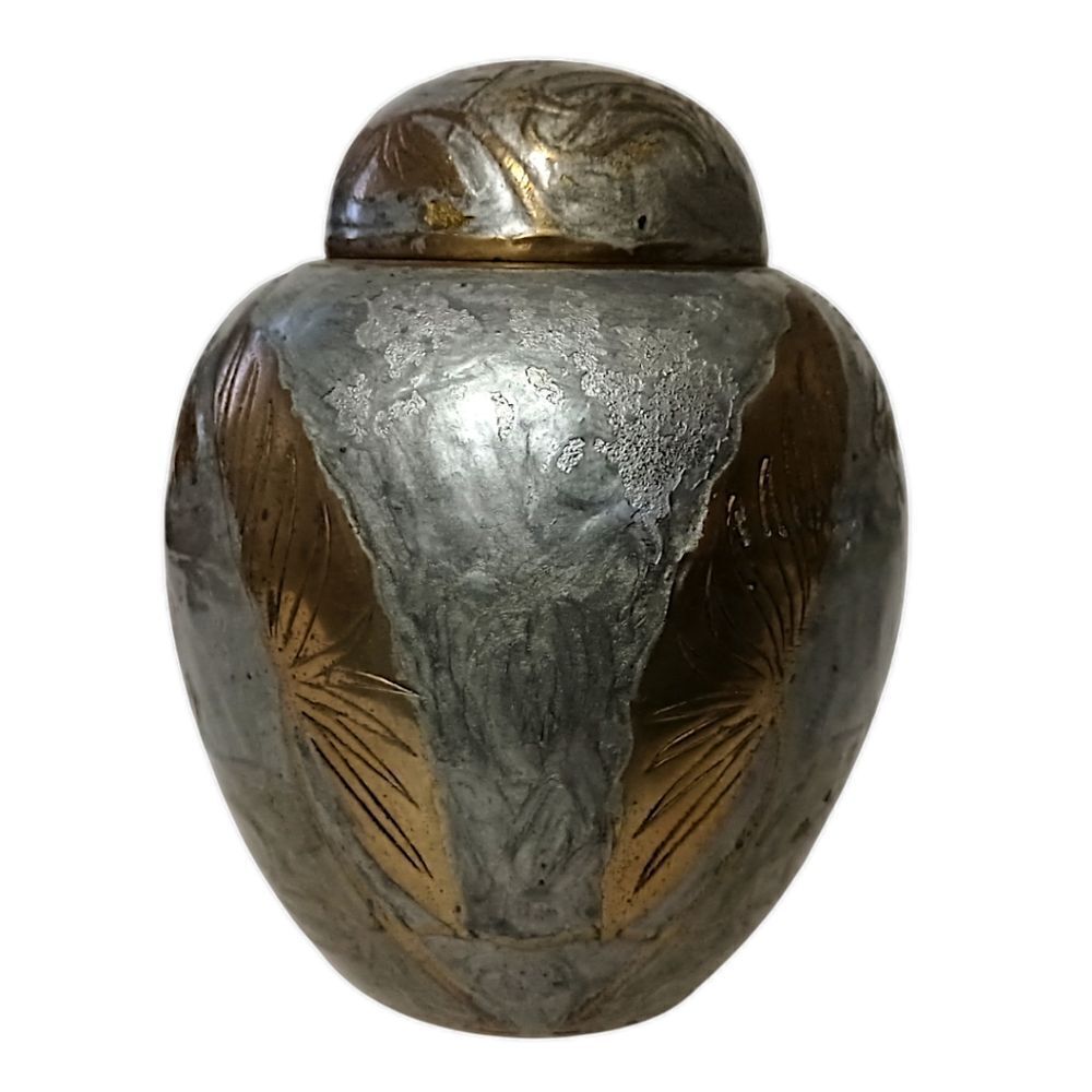 Vintage Brass Ginger Jar Urn Vase Painted Silver Dragonfly Lotus Flowers Patina. - Picture 7 of 16